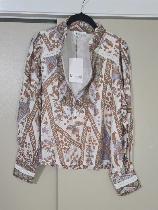 &merci Tops - &merci Women's Printed Floral Long Sleeve Top - Cream & Brown Size Medium NWT